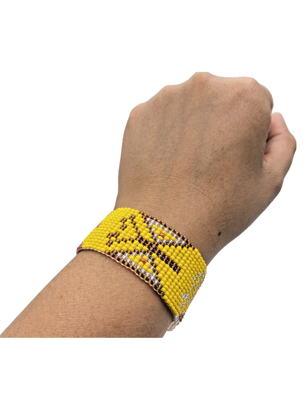 Handmade Seed Beaded Wide Wristband Bracelet Geometric Yellow Multicolored 7.25"